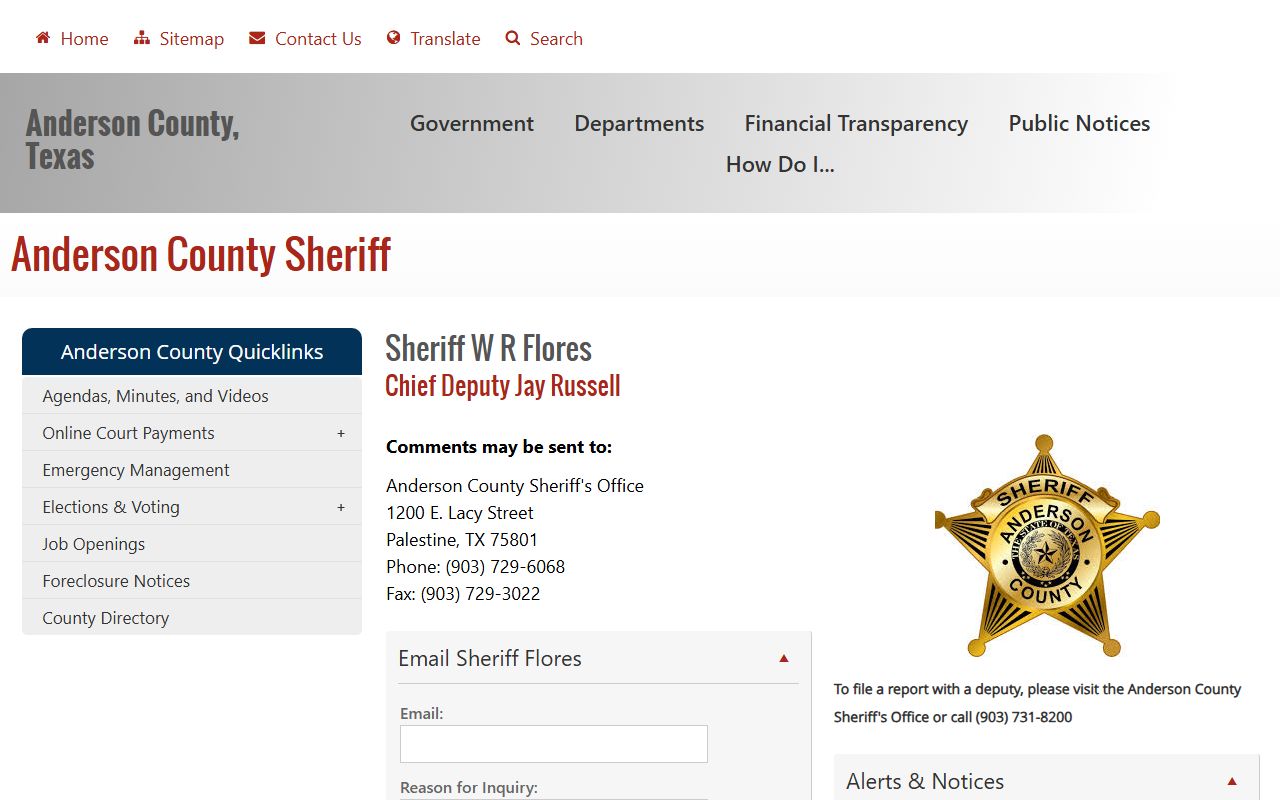 Anderson County Sheriff's Office jail records source for inmate population lookup