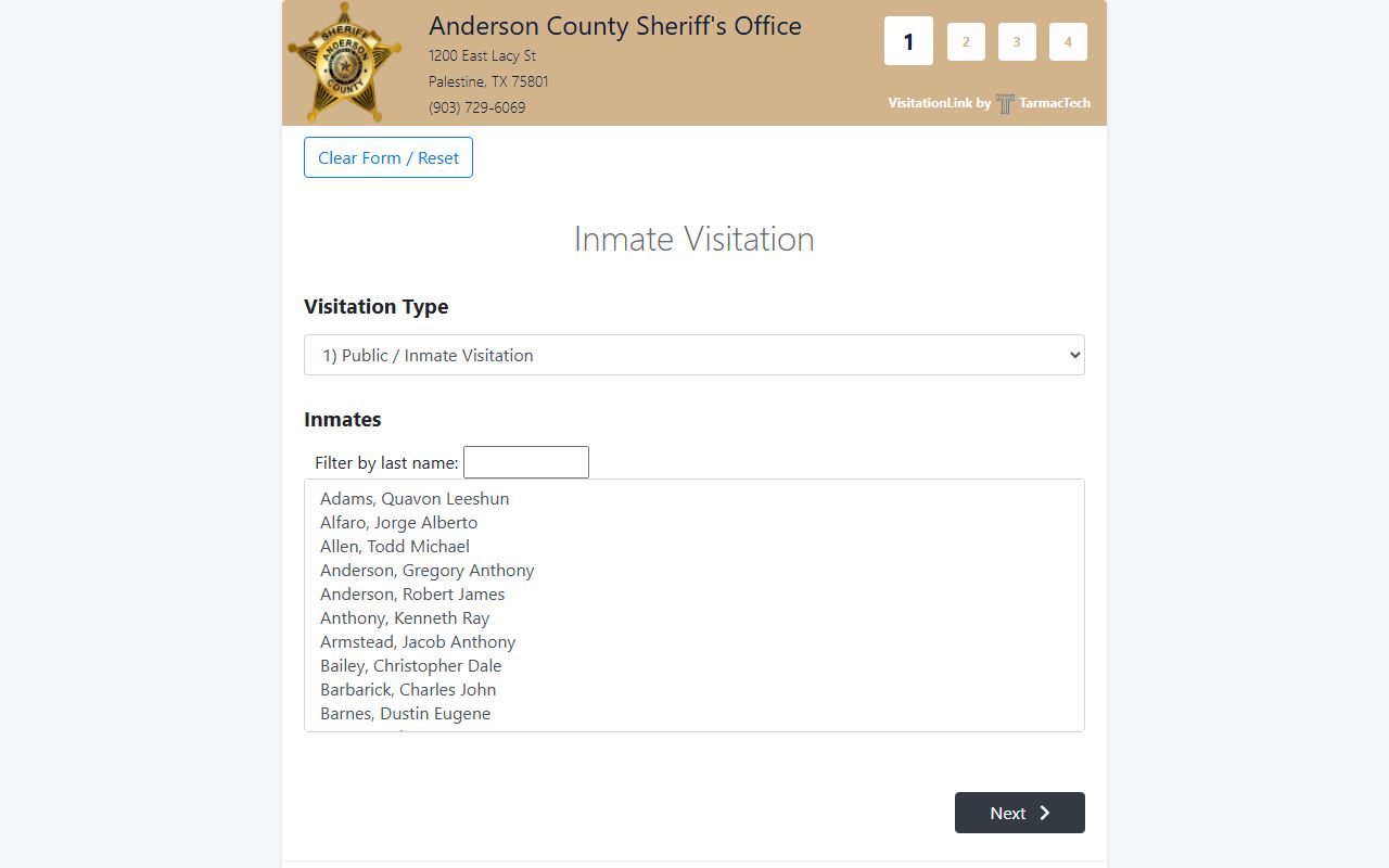Anderson County Jail visitation scheduler for inmate visits