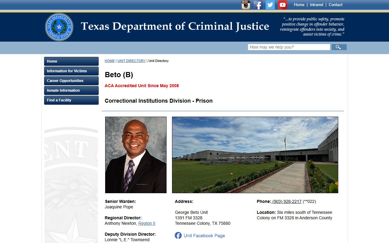 TDCJ George Beto Unit facility directory page