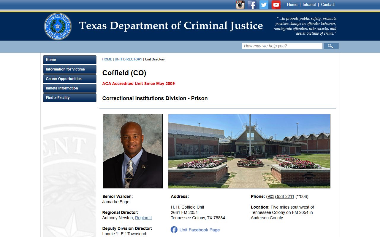 TDCJ H. H. Coffield Unit facility directory page