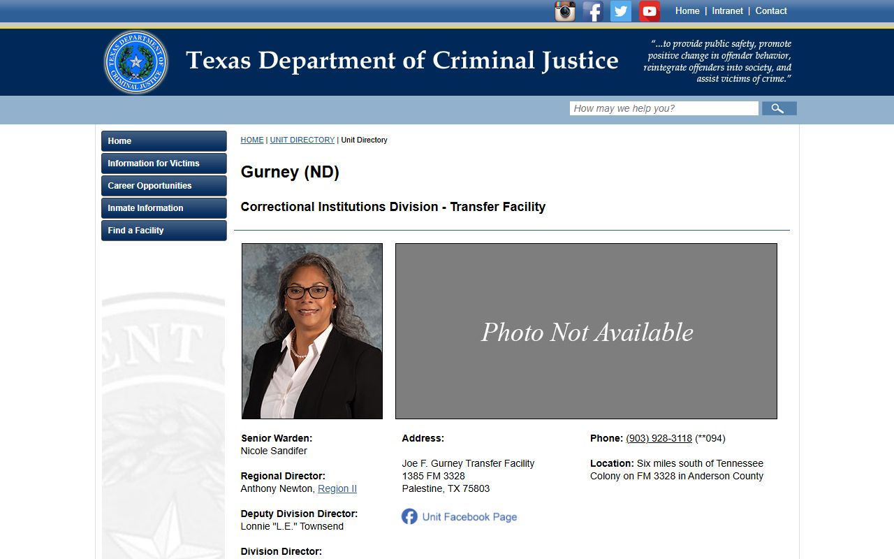 Joe F. Gurney Transfer Facility inmate lookup page from TDCJ in Anderson County