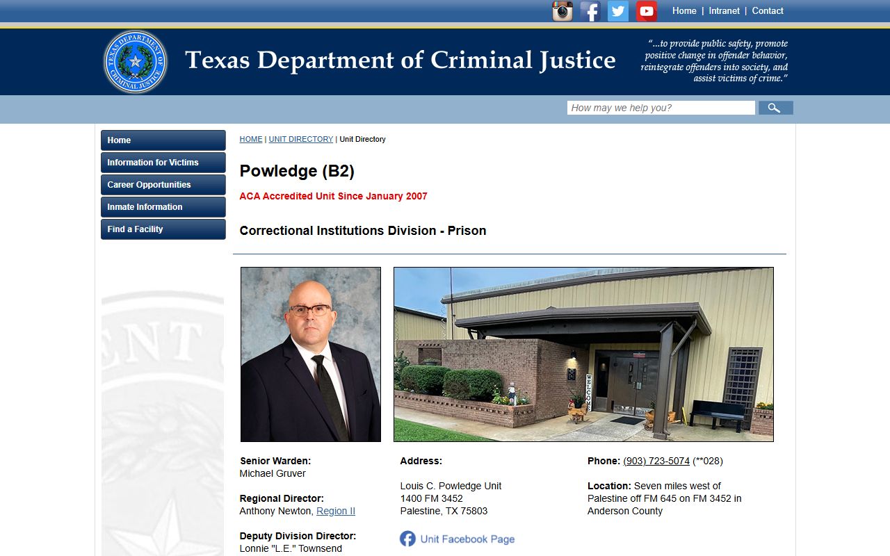 Louis C. Powledge Unit inmate search page from TDCJ in Anderson County