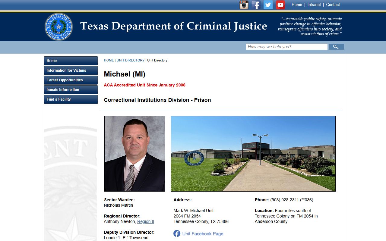 Mark W. Michael Unit inmate custody search page from TDCJ in Anderson County